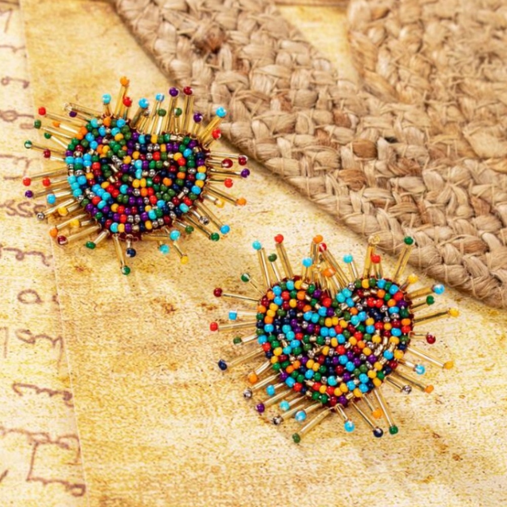 Multi Beaded Heart Stud Earrings (J15)